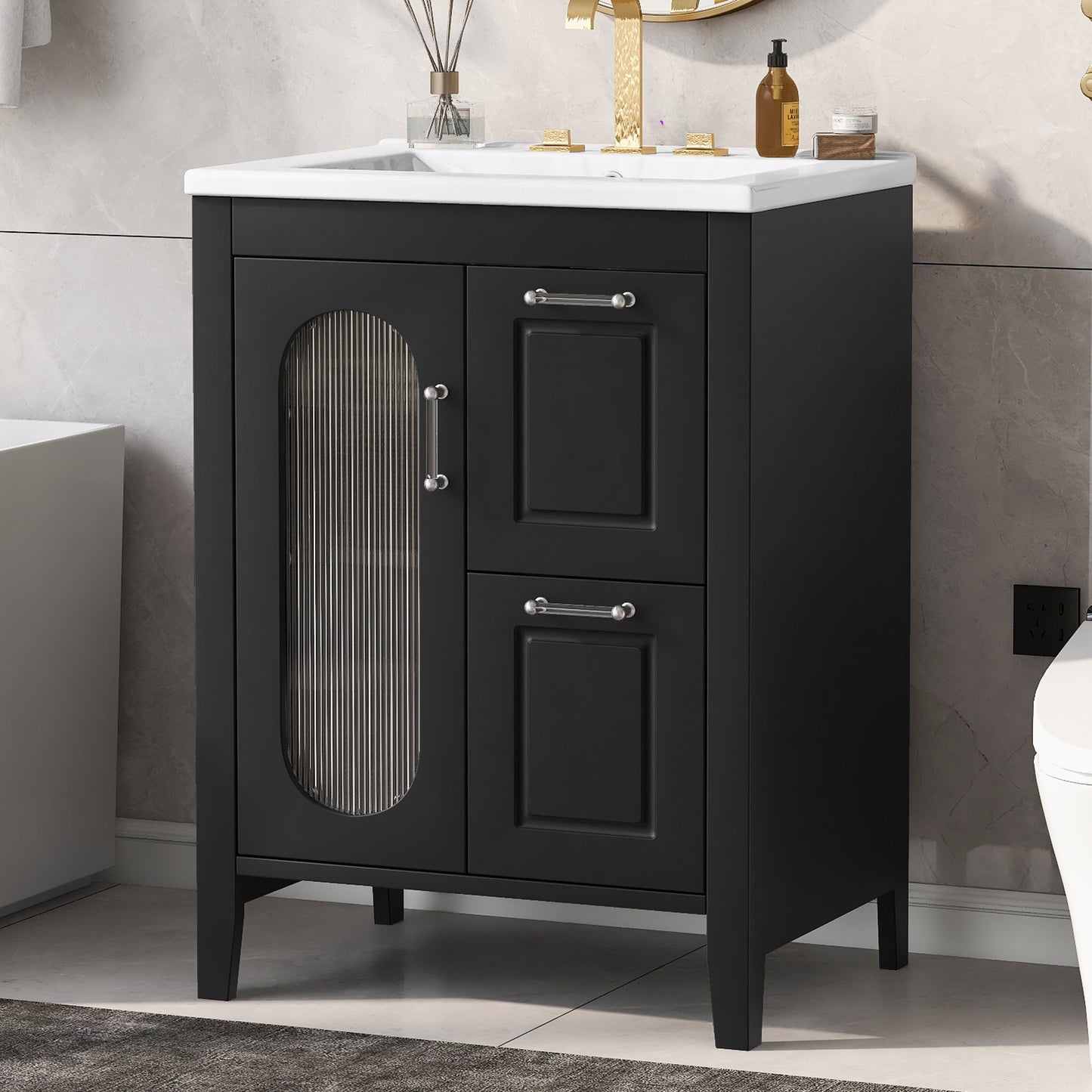 PAPROOS 24 inch Bathroom Vanity with Sink, Wood Freestanding Bathroom Cabinet Vanity with 2 Drawers and Door, Modern Bathroom Storage Cabinet with Glass Door, Adjustable Shelf and Solid Frame, Grey