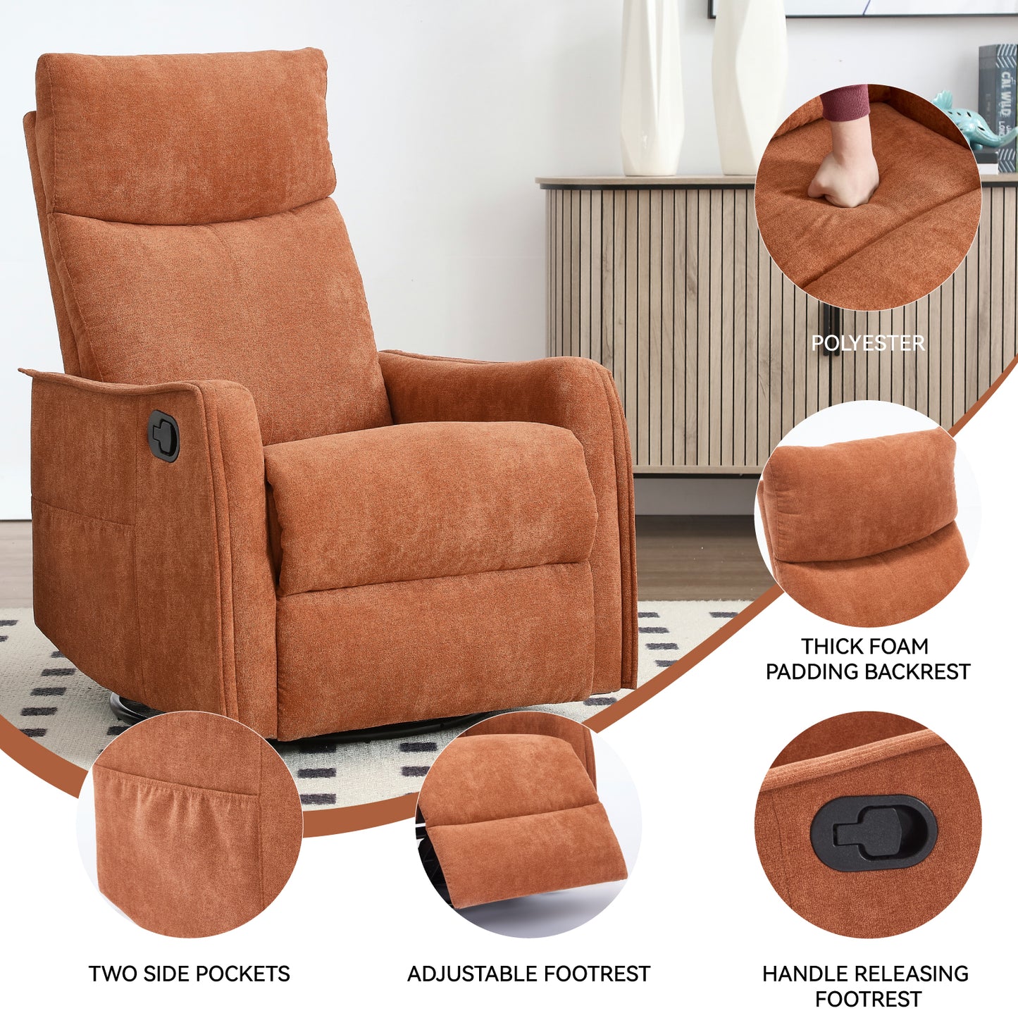 PAPROOS Heat Massage Recliner Chair, 360°Swivel Rocker Recliner Chair, Home Theater Recliner with 2 Side Pockets, Push Back Recliner, Nursery Chair for Bedroom, Living Room