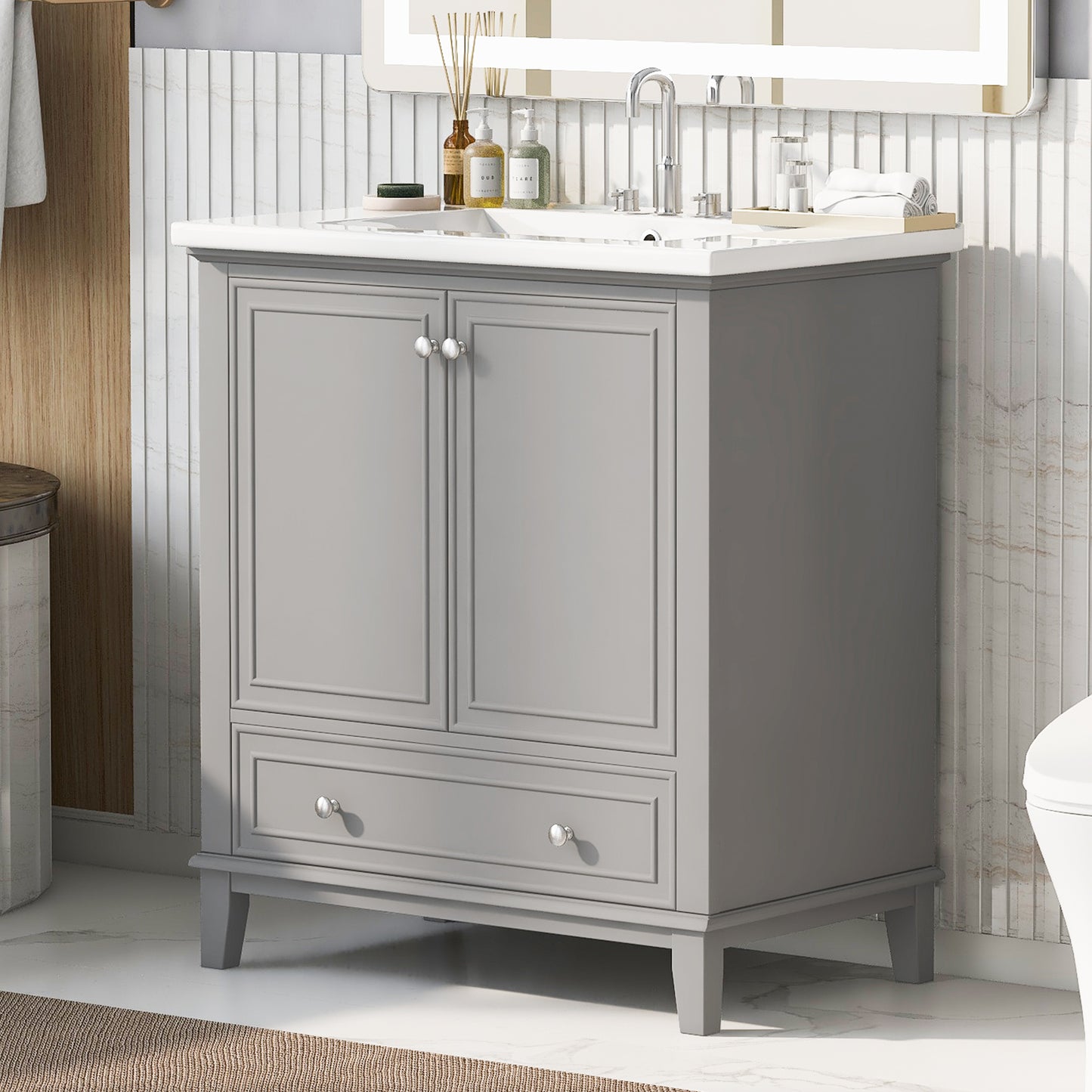 PAPROOS 30" Bathroom Vanity with Sink Combo, Wood White Bathroom Storage Cabinet with Doors and Drawer, Freestanding Bathroom Vanity Cabinet with Solid Frame and Adjustable Shelf