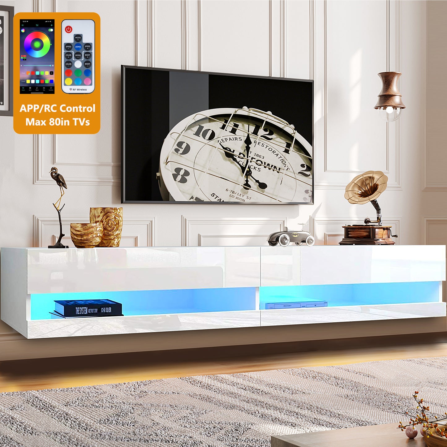 TV Stand for 80 inch TVs, Paproos 71in Long LED Floating TV Stand, High Gloss Floating Entertainment Center with APP/Remote Control, Media Console Cabinet Living Room, Black