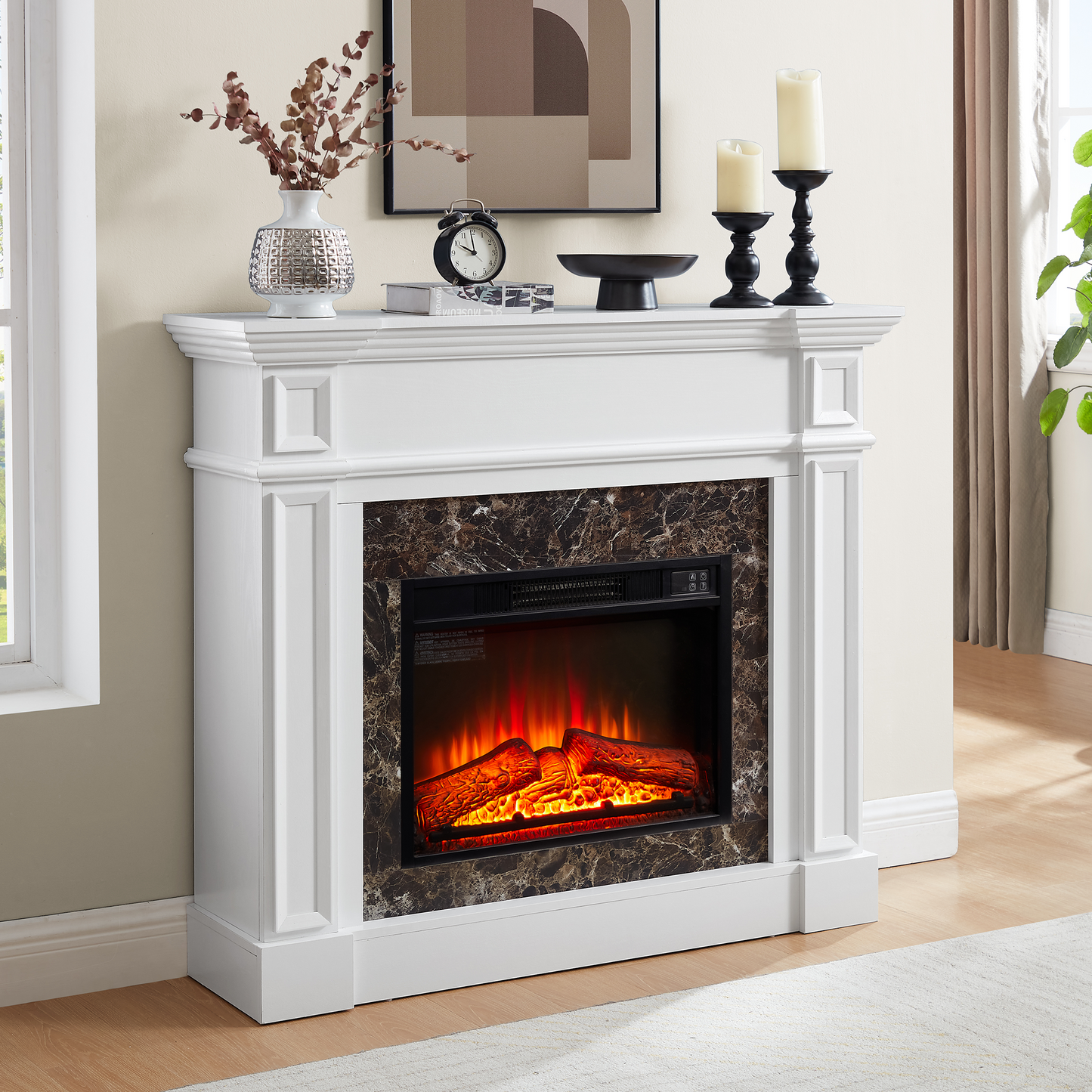 PAPROOS 41” Electric Fireplace with Mantel, Freestanding Electric Fireplace Heater with Remote Control, Adjustable Flame, Timer, Wooden Surround with Fireplace Insert for Living Room, 1400W, White