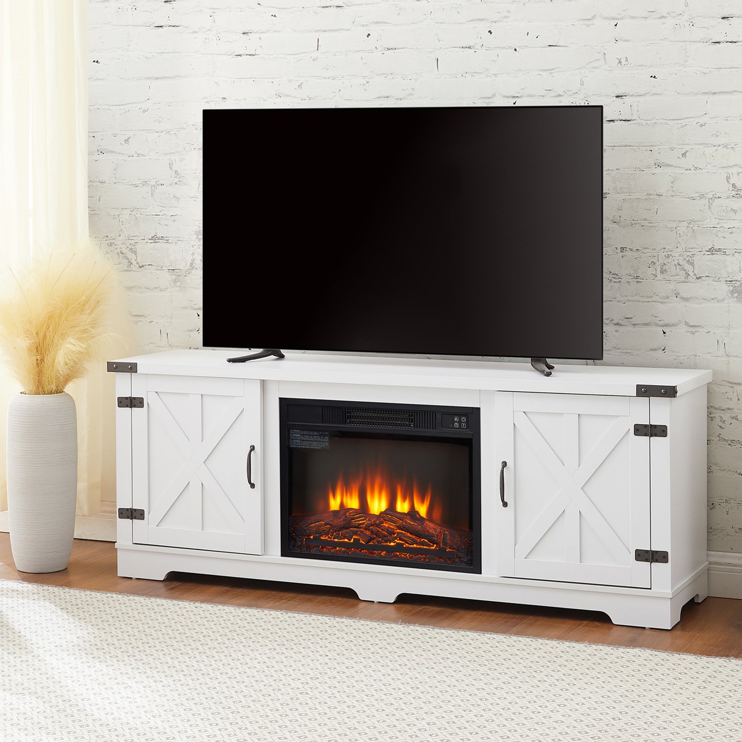 PAPROOS TV Stand With Fireplace for 70" TV, Farmhouse Barn TV Cabinet Entertainment Center with Remote Control Virtual Flame Fireplace and Open Shelves and Closed Cabinets, Media Console White