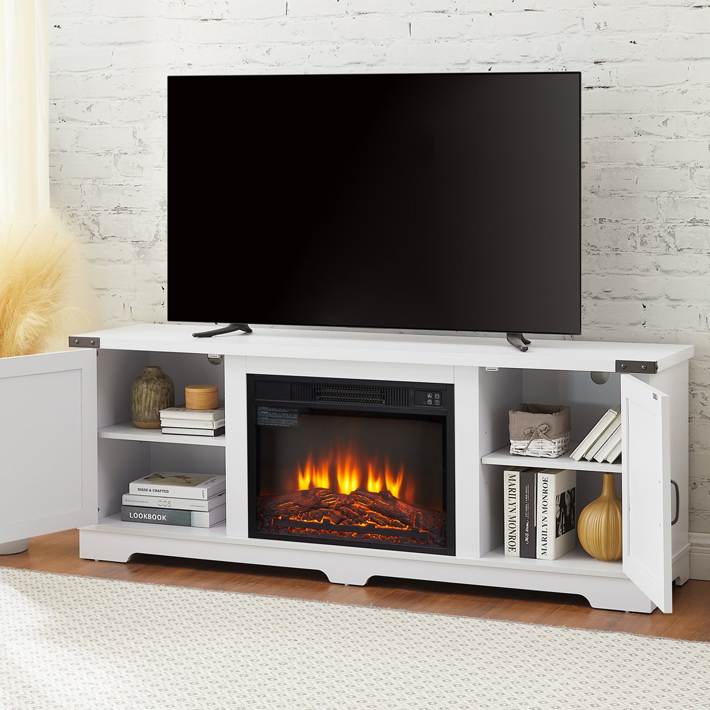 PAPROOS TV Stand With Fireplace for 70" TV, Farmhouse Barn TV Cabinet Entertainment Center with Remote Control Virtual Flame Fireplace and Open Shelves and Closed Cabinets, Media Console White