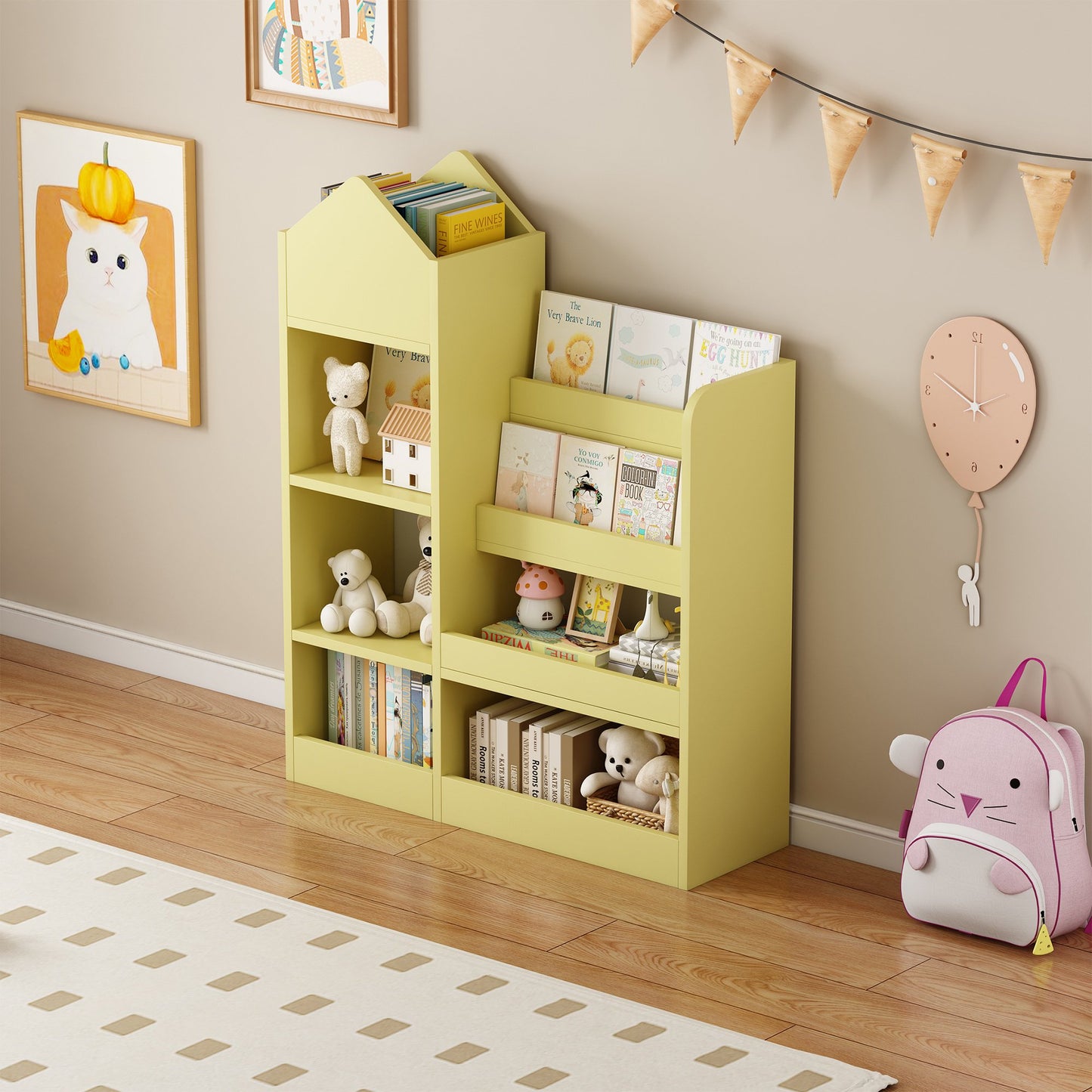 Kids Bookshelf, Wooden Kids Bookcase with Toy Storage Organizer Cabinet, Children Multi Shelf Cubby for Classroom, Kids Bedroom, Nursery, Wood