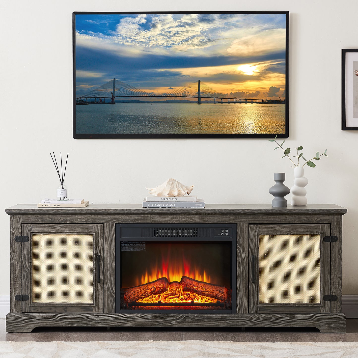 PAPROOS TV Stand With 18" Fireplace up to 65" TV, Rattan Doors TV Console Media Console with Storage Cabinet and Adjustable Shelves for Living Room, Wood Farmhouse Entertainment Center, Gray