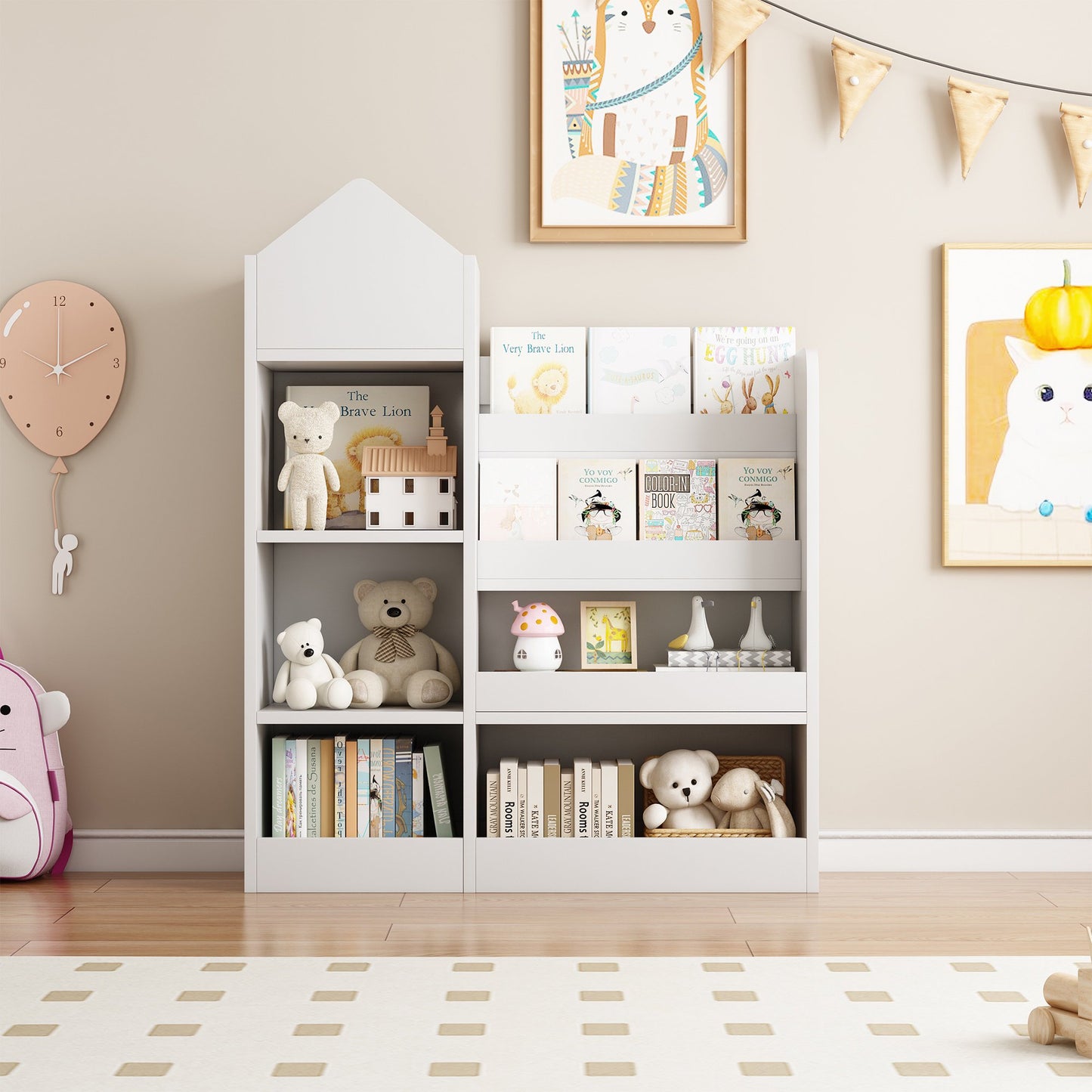 Kids Bookshelf, Wooden Kids Bookcase with Toy Storage Organizer Cabinet, Children Multi Shelf Cubby for Classroom, Kids Bedroom, Nursery, Wood