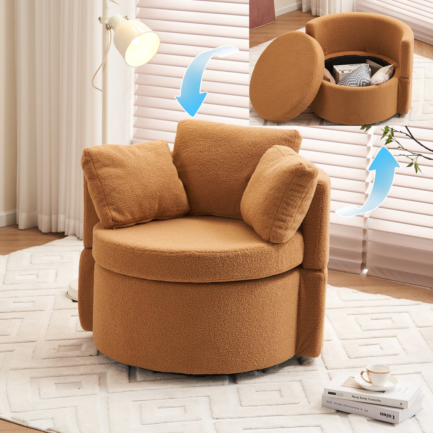 PAPROOS Swivel Barrel Accent Chair, 360° Swivel Chairs with Storage and Removable Throw Pillow, Single Sofa Armchair Comfy Round Sofa Chair for Living Room Bedroom