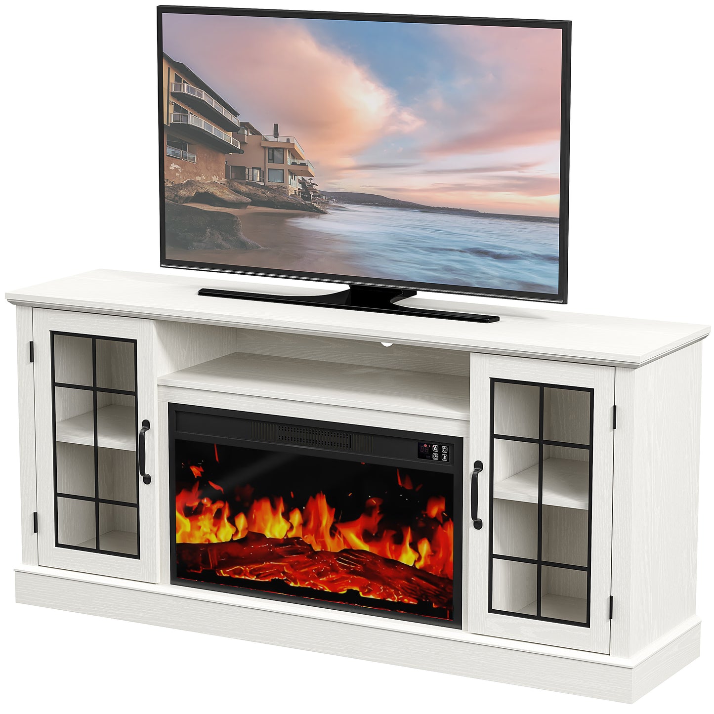 PAPROOS 63" Fireplace TV Stand for TVs up to 70" with 32" Electric Fireplace, Entertainment Center with LED, Modern Television Table Center With Remote Control for Living Room, White
