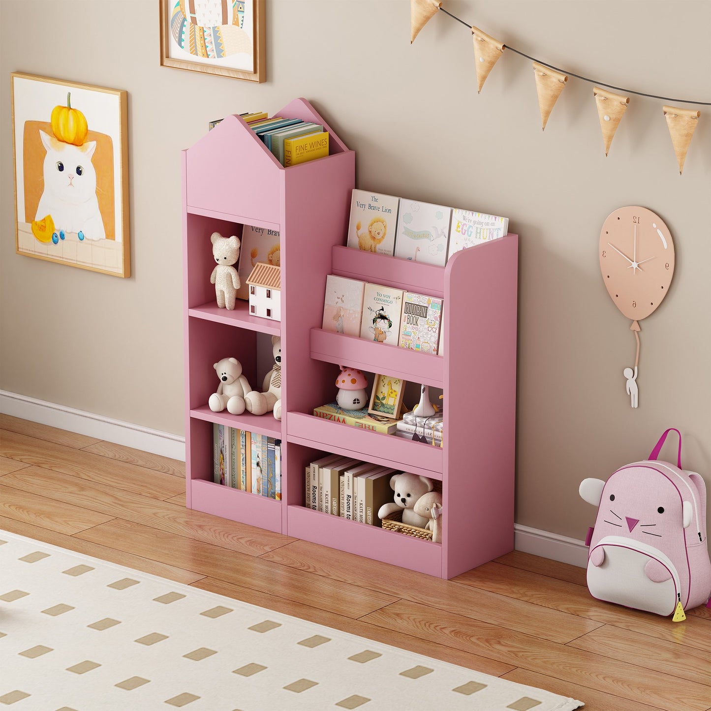 Kids Bookshelf, Wooden Kids Bookcase with Toy Storage Organizer Cabinet, Children Multi Shelf Cubby for Classroom, Kids Bedroom, Nursery, Wood