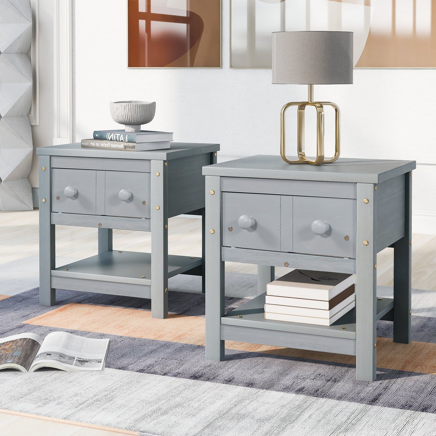 paproos Modern End Table Set of 2 with a Drawer and One Shelf, Modern Style Bedside Table, Wood Bedside Table for Bedroom, Living Room, Sofa Couch, Hall, Easy Assembly