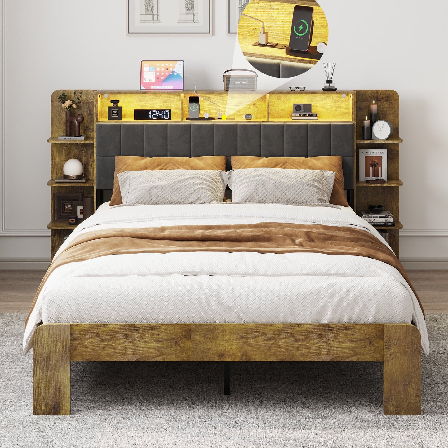 PAPROOS Queen Size Bed Frame with Storage Headboard, Upholstered Queen Bed Frame with LED Lights and Charging Station, Platform Metal Bed with Shelves, No Box Spring Needed, Brown