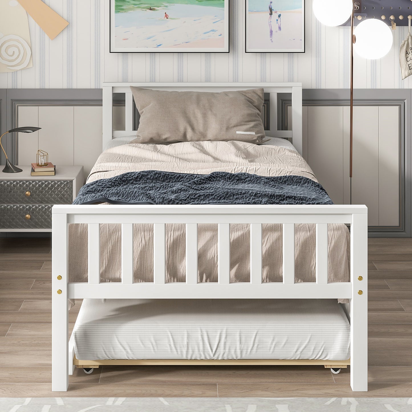 Paproos Twin Size Wood Platform Bed with Trundle, LJC