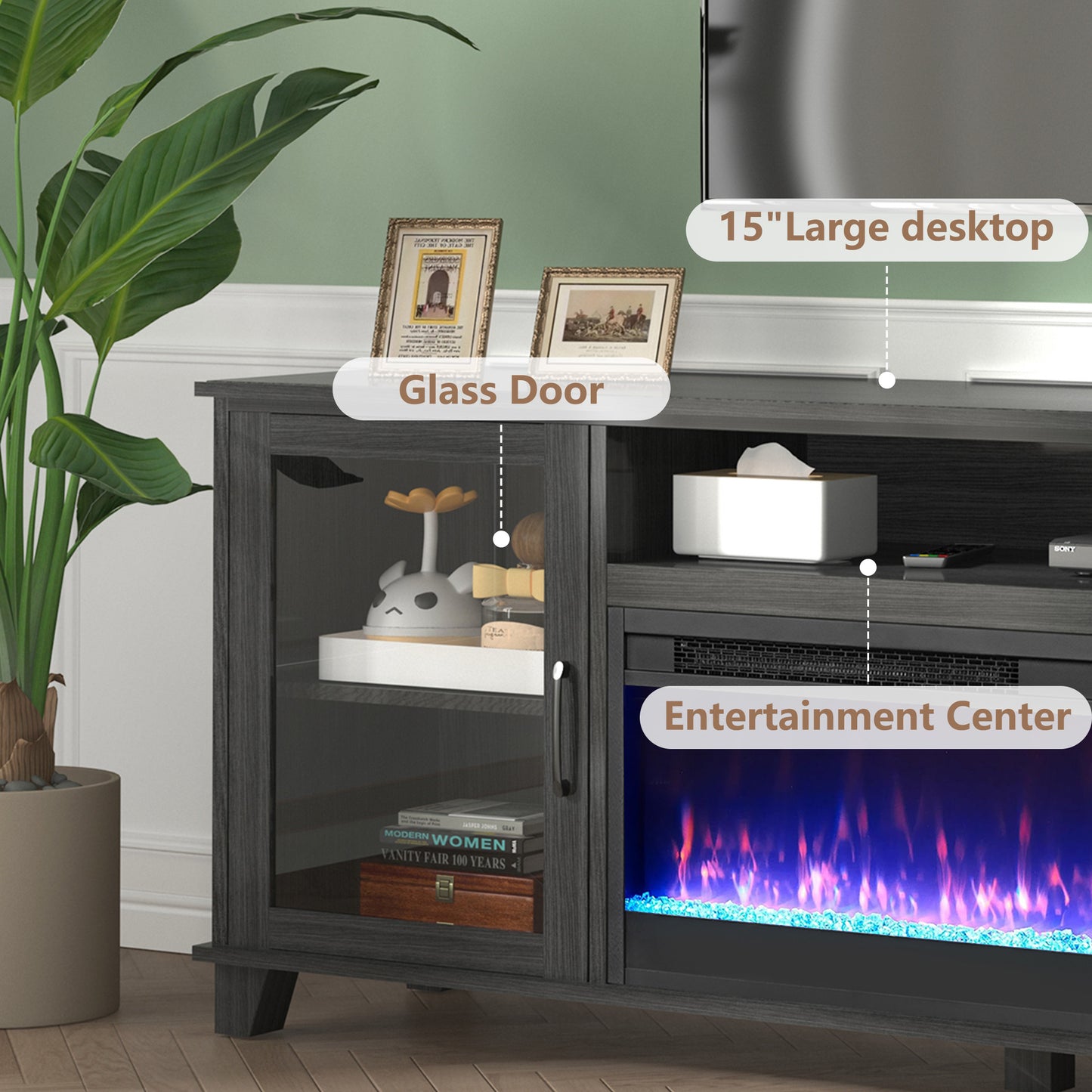 SYNGAR Electric Fireplace TV Stand for 60" TV, Modern Entertainment Center With 23" Fireplace, TV Console with Storage Shelves and Glass Doors, Media Console, TV Cabinet, Dark Gray