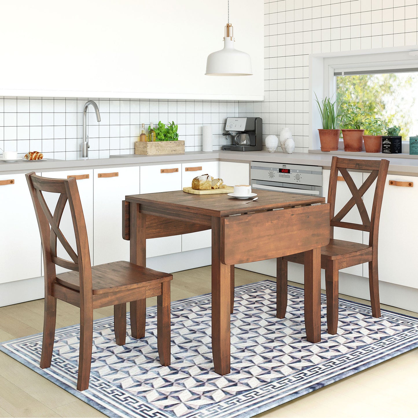 paproos 3-Piece Dining Table Set with Drop Leaf and 2 Chairs, LJC
