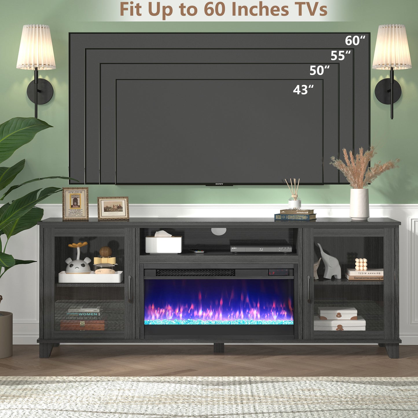 SYNGAR Electric Fireplace TV Stand for 60" TV, Modern Entertainment Center With 23" Fireplace, TV Console with Storage Shelves and Glass Doors, Media Console, TV Cabinet, Dark Gray