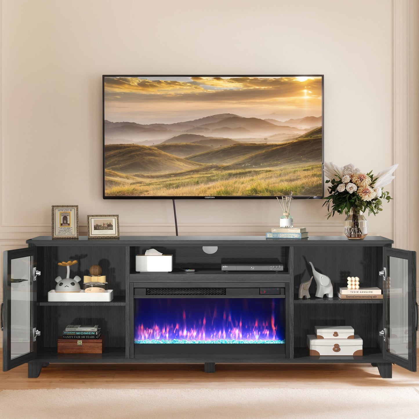 SYNGAR Electric Fireplace TV Stand for 60" TV, Modern Entertainment Center With 23" Fireplace, TV Console with Storage Shelves and Glass Doors, Media Console, TV Cabinet, Dark Gray