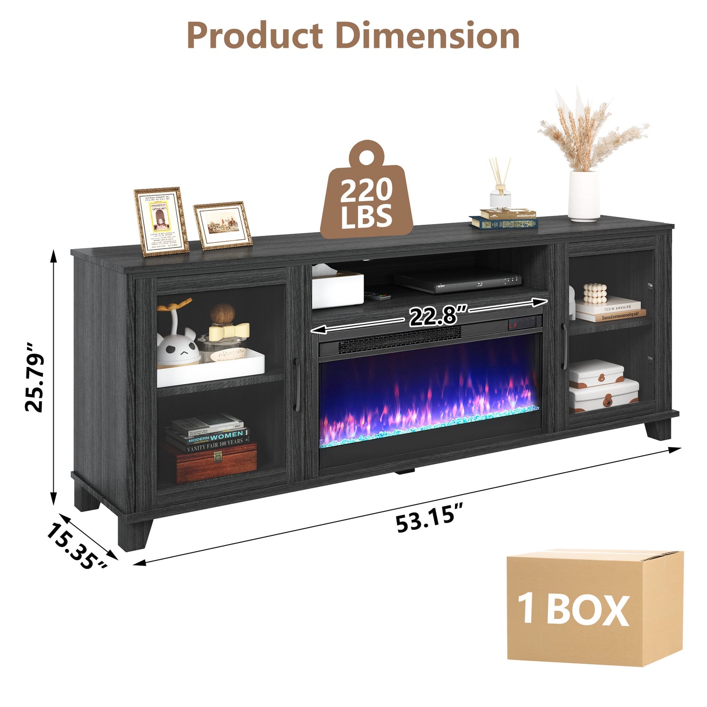 SYNGAR Electric Fireplace TV Stand for 60" TV, Modern Entertainment Center With 23" Fireplace, TV Console with Storage Shelves and Glass Doors, Media Console, TV Cabinet, Dark Gray