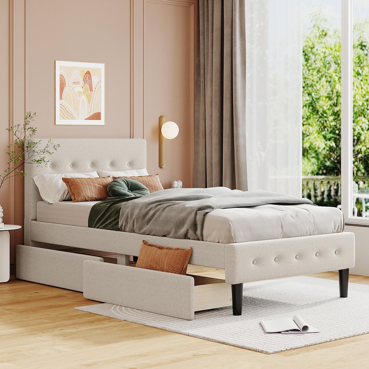 PAPROOS Beige Twin Size Upholstered Storage Bed