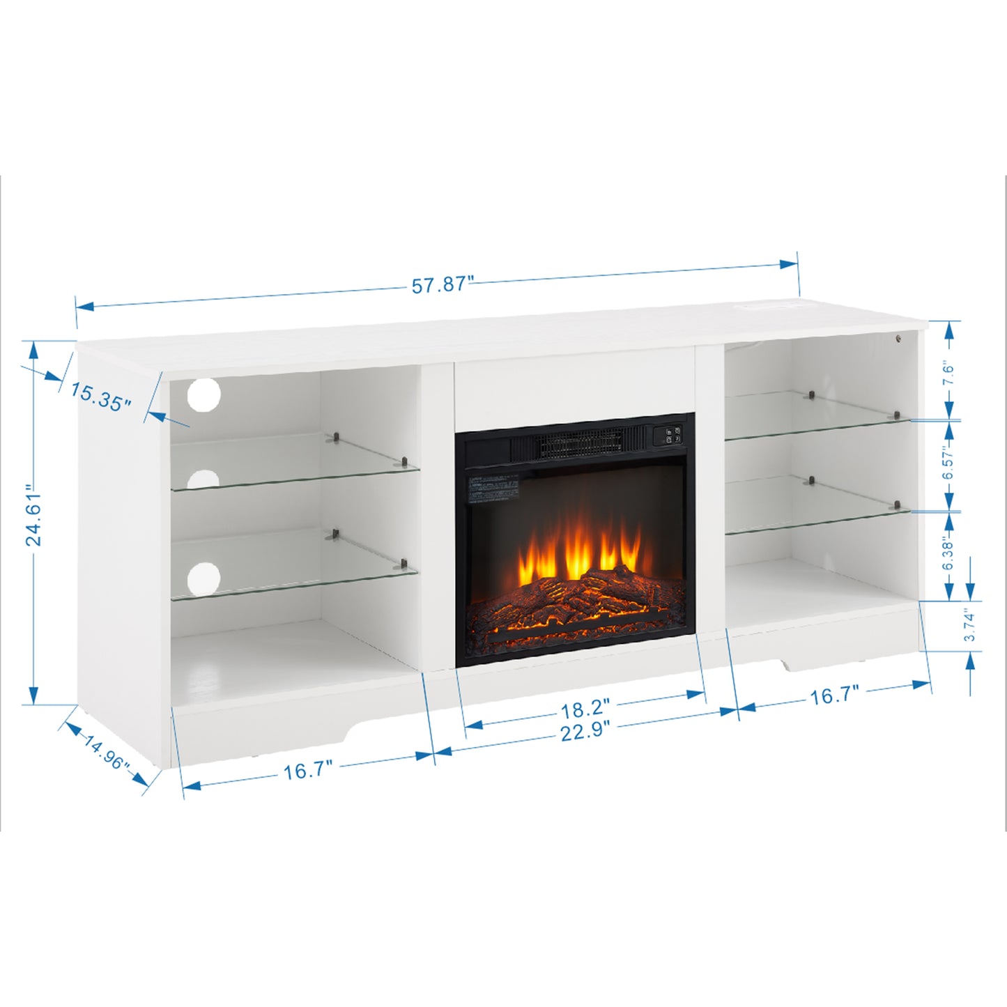 PAPROOS TV Stand With Fireplace for 60" TV, Modern TV Cabinet Entertainment Center with LED Light and 18" Fireplace, Wood TV Console with Glass Shelves, Charging Station, 2-IN-1 Design, White