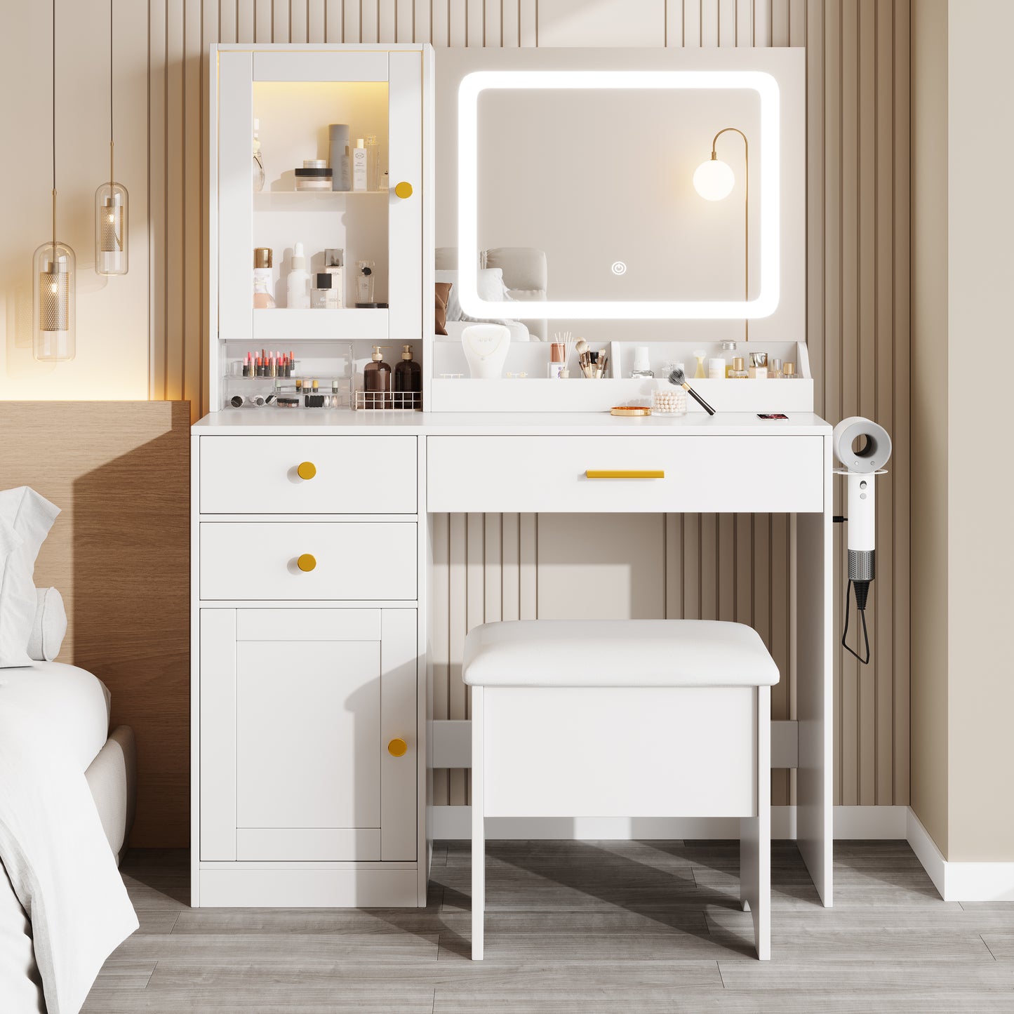 PAPROOS Vanity Set with 3 Color Lighted Mirror, Modern Makeup Vanity Table with Charging Station and Hair Dryer Rack, Bedroom Dressing Table with 3 Drawers, Cabinet, Cushioned Stool for Girls, Black