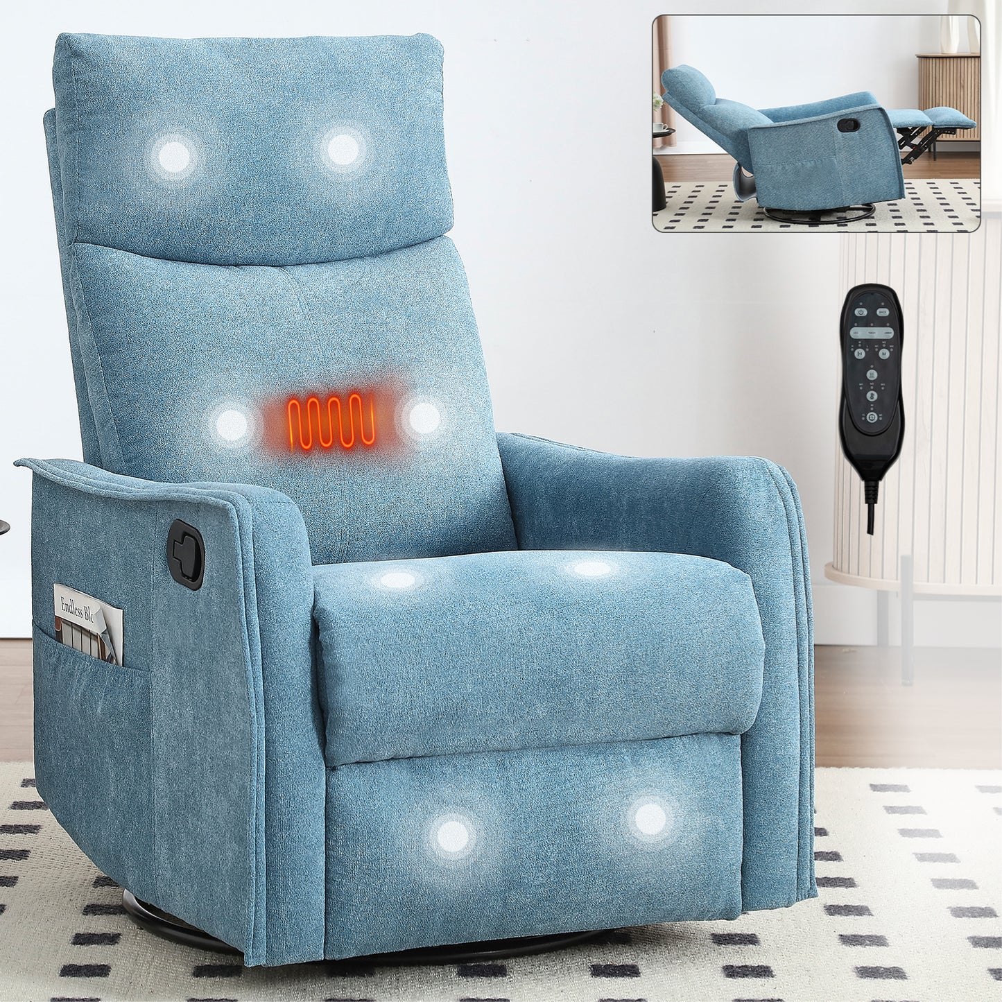 PAPROOS Heat Massage Recliner Chair, 360°Swivel Rocker Recliner Chair, Home Theater Recliner with 2 Side Pockets, Push Back Recliner, Nursery Chair for Bedroom, Living Room