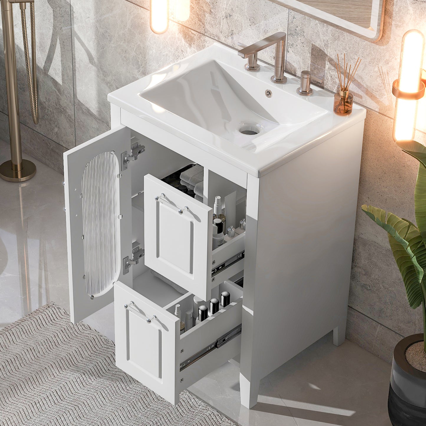 PAPROOS 24 inch Bathroom Vanity with Sink, Wood Freestanding Bathroom Cabinet Vanity with 2 Drawers and Door, Modern Bathroom Storage Cabinet with Glass Door, Adjustable Shelf and Solid Frame, Grey