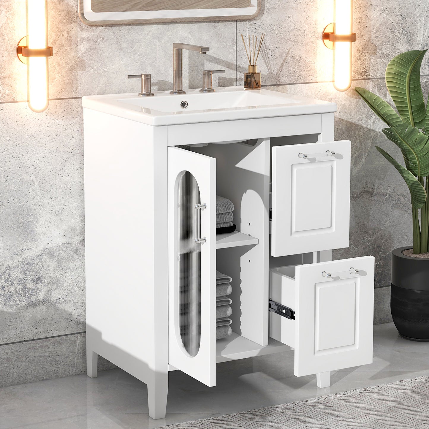 PAPROOS 24 inch Bathroom Vanity with Sink, Wood Freestanding Bathroom Cabinet Vanity with 2 Drawers and Door, Modern Bathroom Storage Cabinet with Glass Door, Adjustable Shelf and Solid Frame, Grey