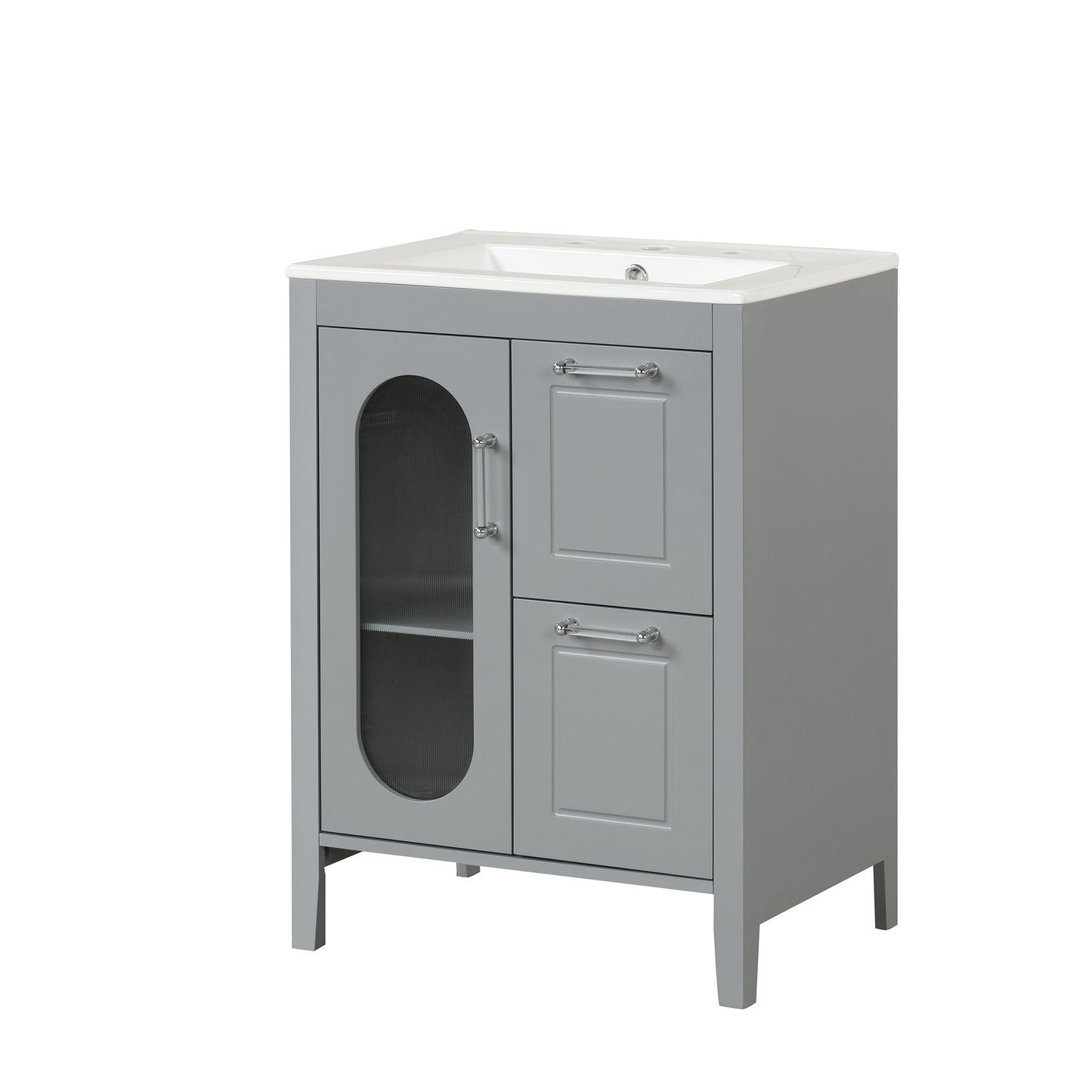PAPROOS 24 inch Bathroom Vanity with Sink, Wood Freestanding Bathroom Cabinet Vanity with 2 Drawers and Door, Modern Bathroom Storage Cabinet with Glass Door, Adjustable Shelf and Solid Frame, Grey