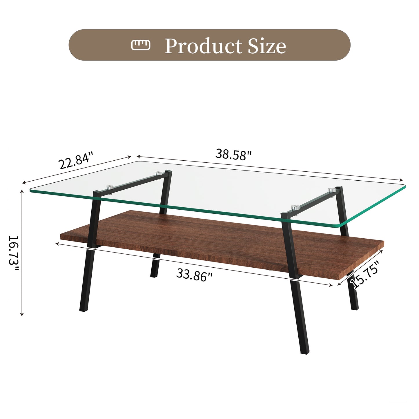 38’’ Glass Coffee Table, Paproos Coffee Table with Storage, Modern Rectangle Coffee Table with Metal Legs, Small Center Table Tea Table for Living Room, Brown & Black