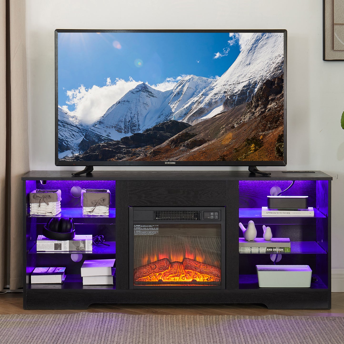 PAPROOS TV Stand With Fireplace for 60" TV, Modern TV Cabinet Entertainment Center with LED Light and 18" Fireplace, Wood TV Console with Glass Shelves, Charging Station, 2-IN-1 Design, White