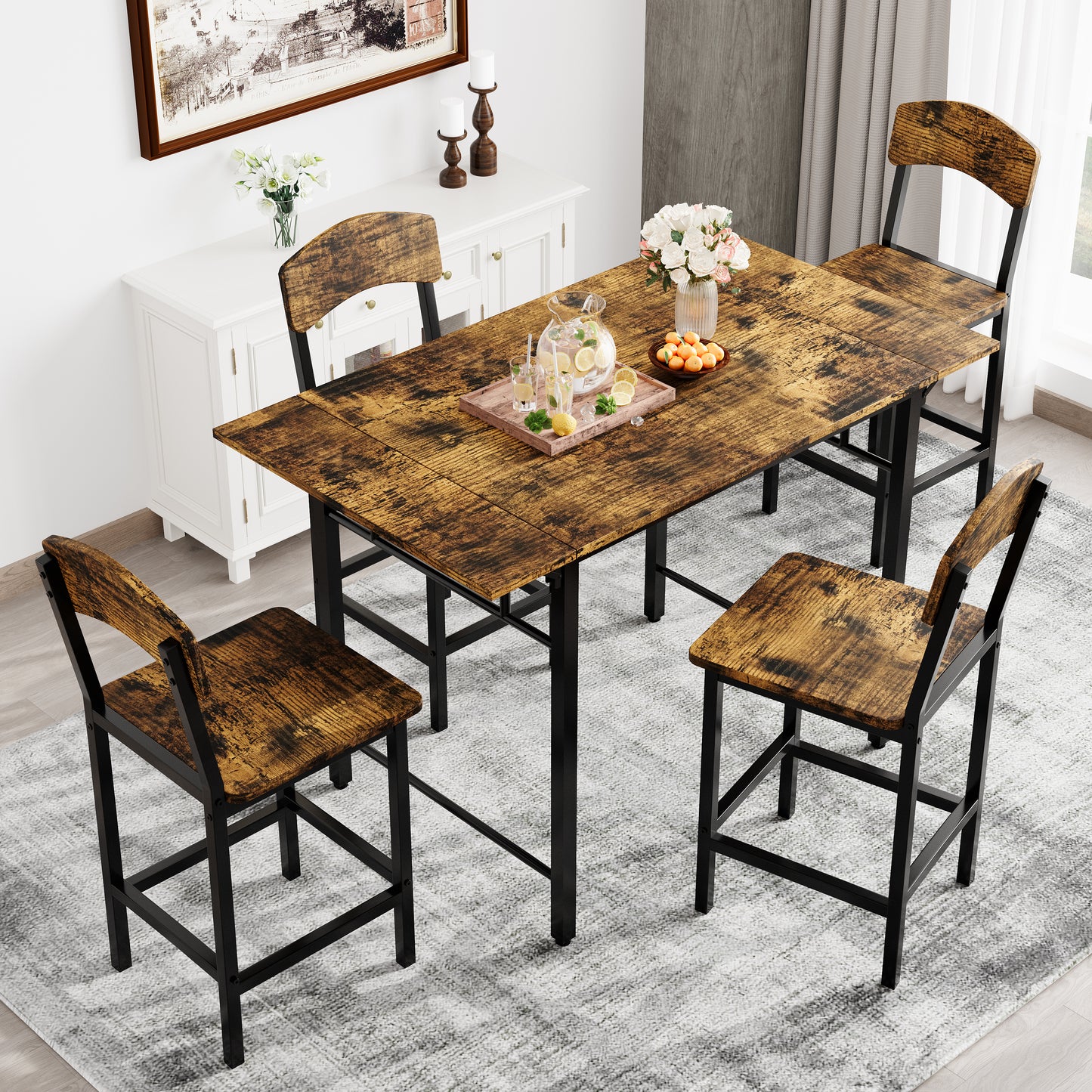 Dining Table Set for 4, 5 Piece Counter Height Dining Set, Drop Leaf Pub Table Sets with Chair, Wood Tabletop Bar Height Kitchen Table Set, for Breakfast Nook, Dining Room, Brown
