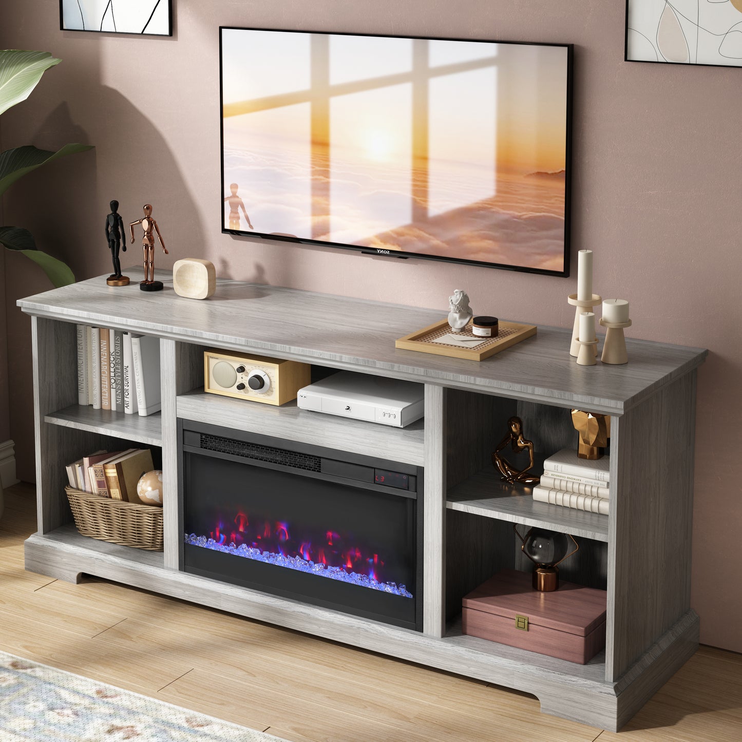 Fireplace TV Stand for 65 Inch TV, 1400w Farmhouse Electric TV Stand with Fireplace, Fireplace Entertainment Center with Remote Control for Living Room, Black