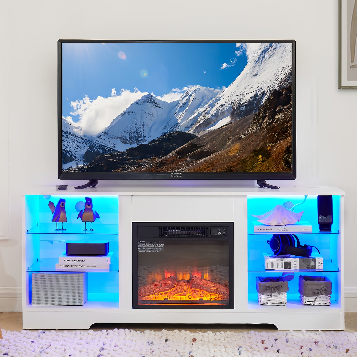 PAPROOS TV Stand With Fireplace for 60" TV, Modern TV Cabinet Entertainment Center with LED Light and 18" Fireplace, Wood TV Console with Glass Shelves, Charging Station, 2-IN-1 Design, White