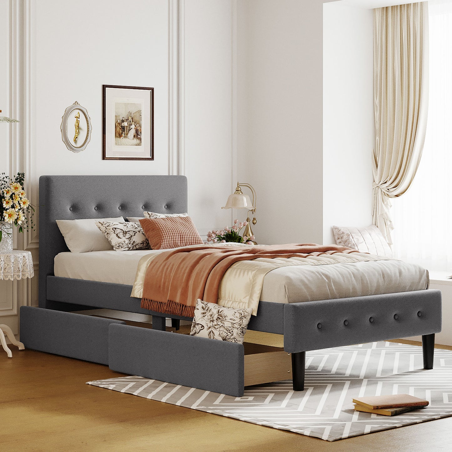 PAPROOS Beige Twin Size Upholstered Storage Bed