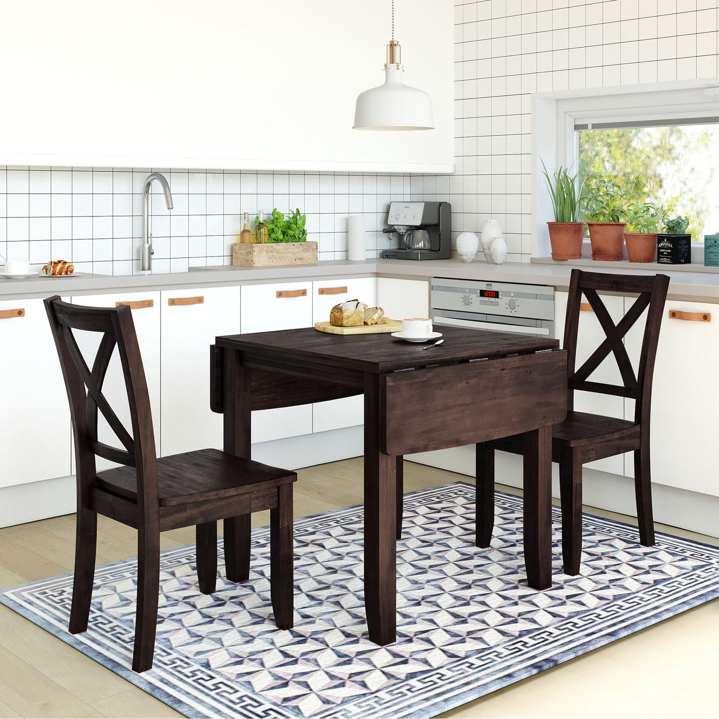 paproos 3-Piece Dining Table Set with Drop Leaf and 2 Chairs, LJC
