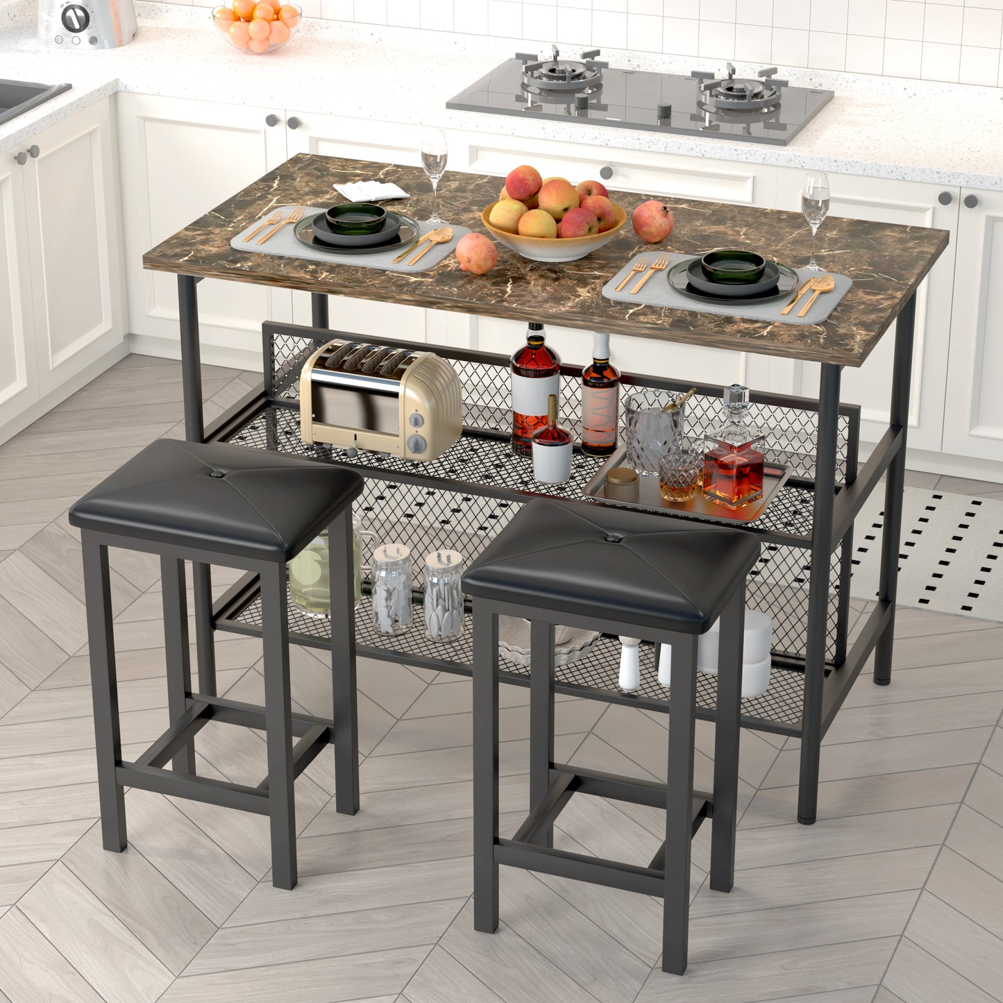 Dining Room Set for 2, Counter Height Dining Set with Storage, Faux Marble Dining Table Set with 2 Stools, Modern Kitchen Island Set with Seating for Dining Room, Brown