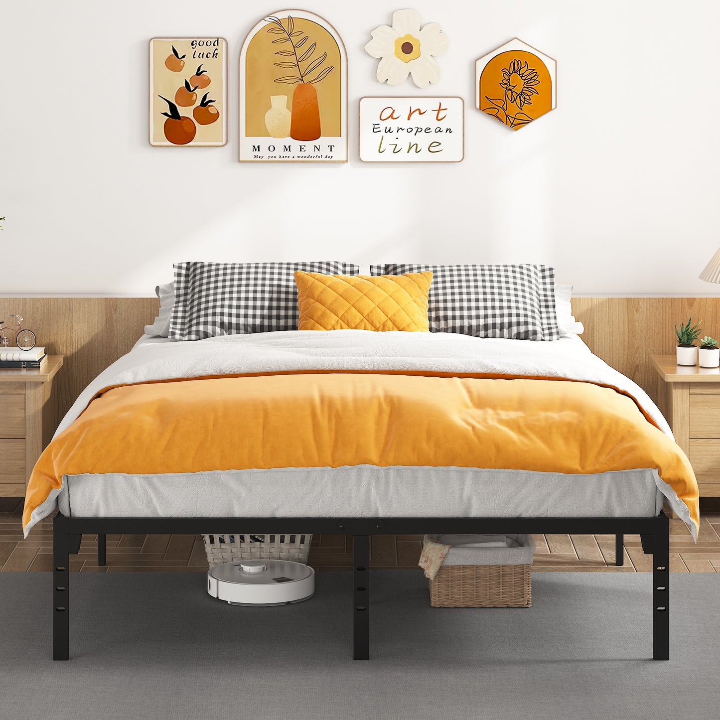 Queen Size Metal Platform Bed, PAPROOS Heavy Duty Queen Size Metal Bed Frame 13in Under-Bed Storage Space, Metal Queen Bed Frame 660lbs Weight Capacity, No Box Spring Needed, Black