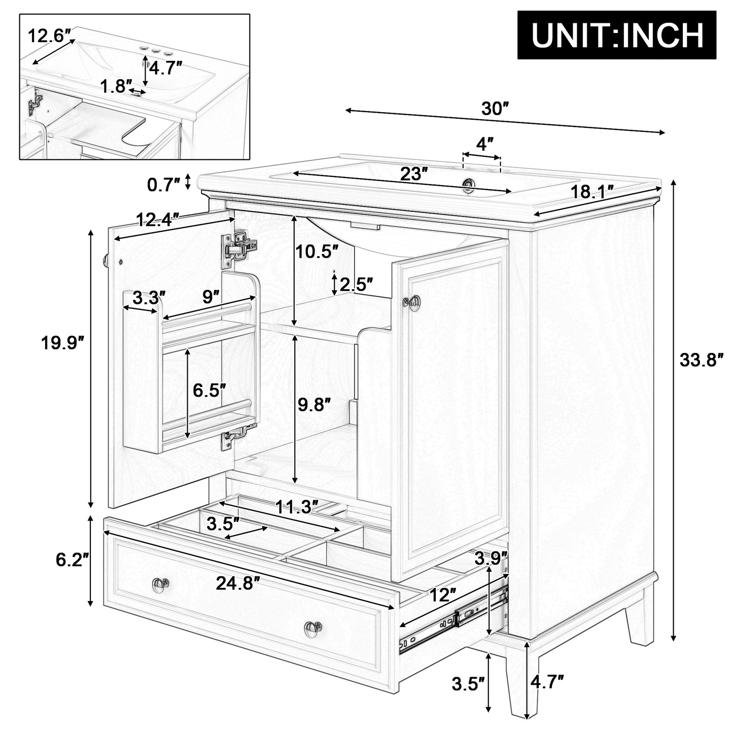 PAPROOS 30" Bathroom Vanity with Sink Combo, Wood White Bathroom Storage Cabinet with Doors and Drawer, Freestanding Bathroom Vanity Cabinet with Solid Frame and Adjustable Shelf