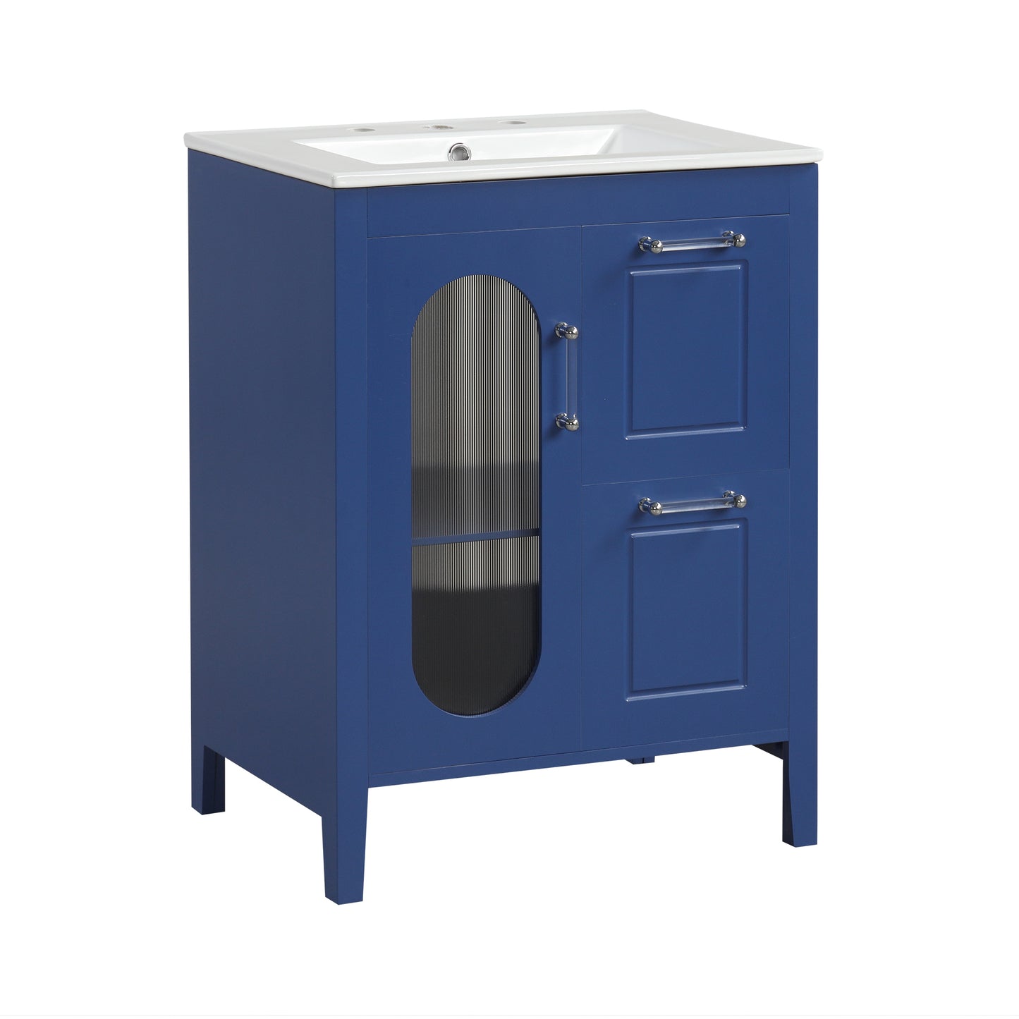 PAPROOS 24 inch Bathroom Vanity with Sink, Wood Freestanding Bathroom Cabinet Vanity with 2 Drawers and Door, Modern Bathroom Storage Cabinet with Glass Door, Adjustable Shelf and Solid Frame, Grey