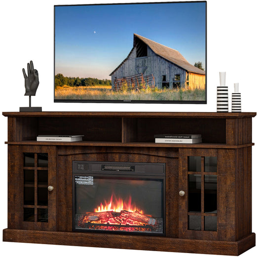 Fireplace TV Stand, PAPROOS Electric 58" TV Stand with Fireplace for 65 TVs, 1400w Farmhouse Fireplace Entertainment Center TV Console with Adjustable Shelf, 62°F - 82°F Heating Range, Brown