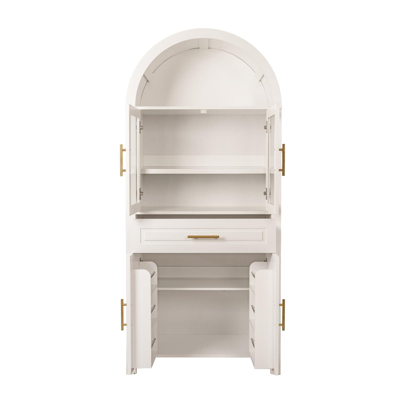 PAPROOS 71" Tall Arched Pantry Storage Cabinet with Glass Door, Farmhouse Pantry Cabinet with Built-in Racks & Adjustable Shelves, Barn Door Design Kitchen Storage for Living Room Dining Room, White