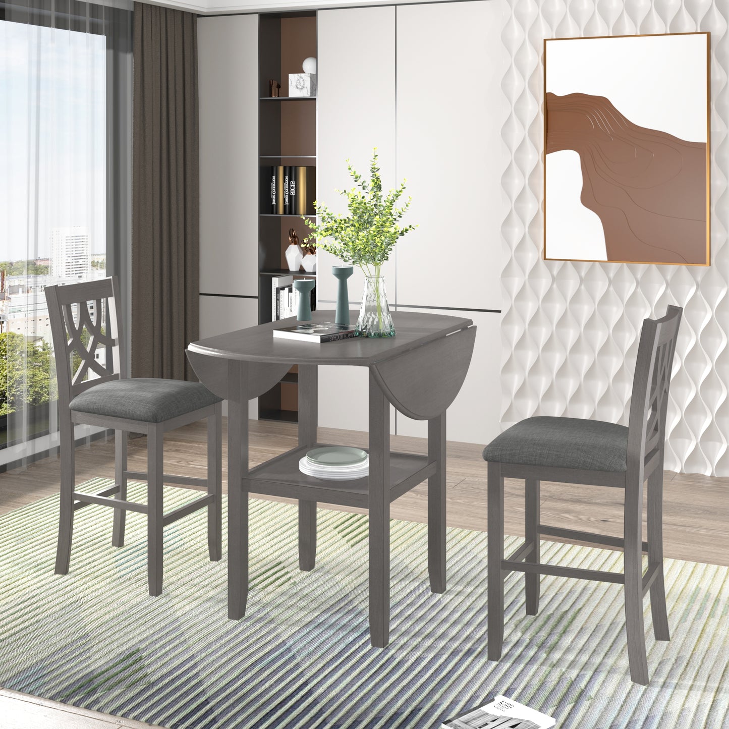 paproos 3-Piece Dining Table Set with Drop Leaf and 2 Chairs, LJC