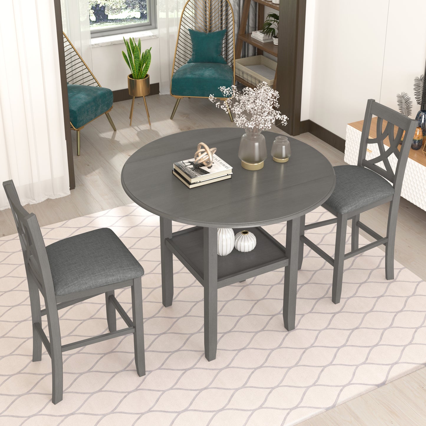 paproos 3-Piece Dining Table Set with Drop Leaf and 2 Chairs, LJC