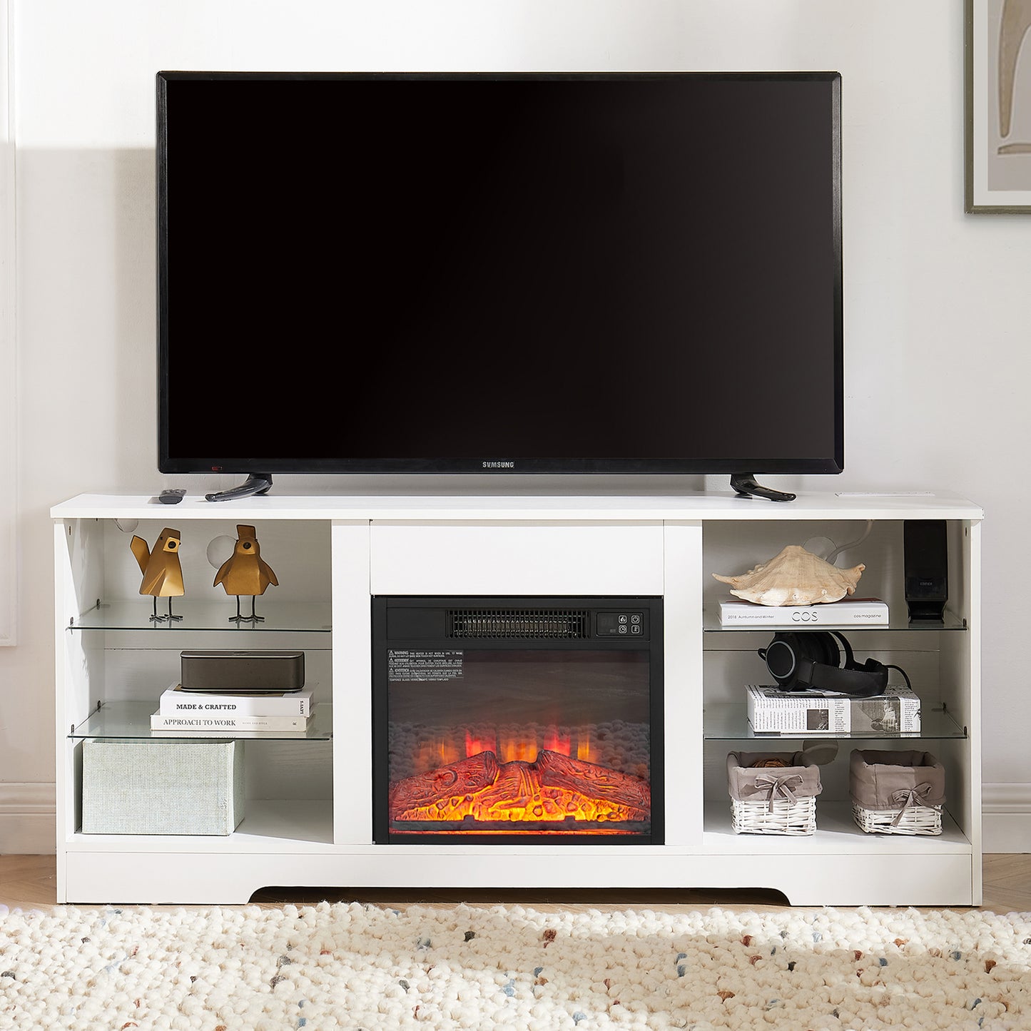 PAPROOS TV Stand With Fireplace for 60" TV, Modern TV Cabinet Entertainment Center with LED Light and 18" Fireplace, Wood TV Console with Glass Shelves, Charging Station, 2-IN-1 Design, White