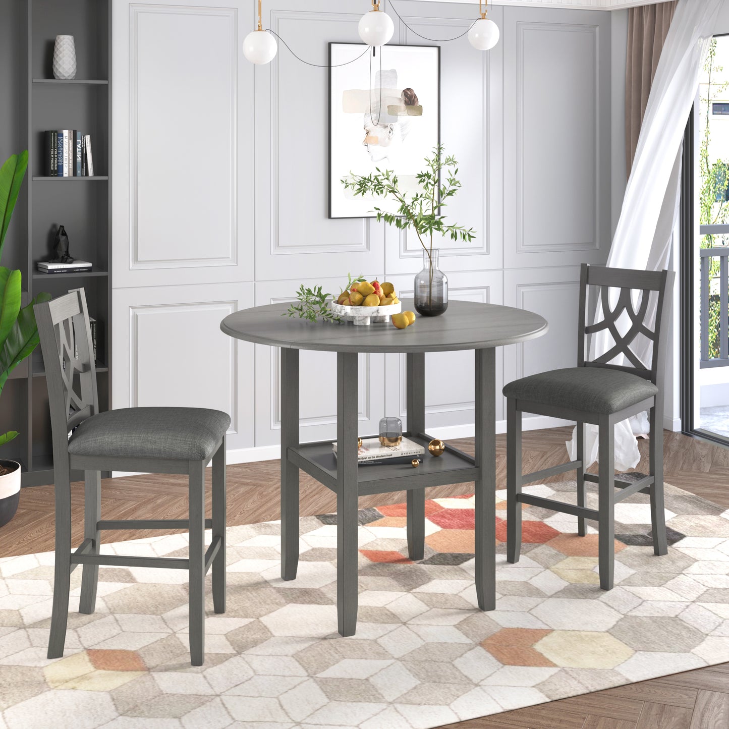 paproos 3-Piece Dining Table Set with Drop Leaf and 2 Chairs, LJC