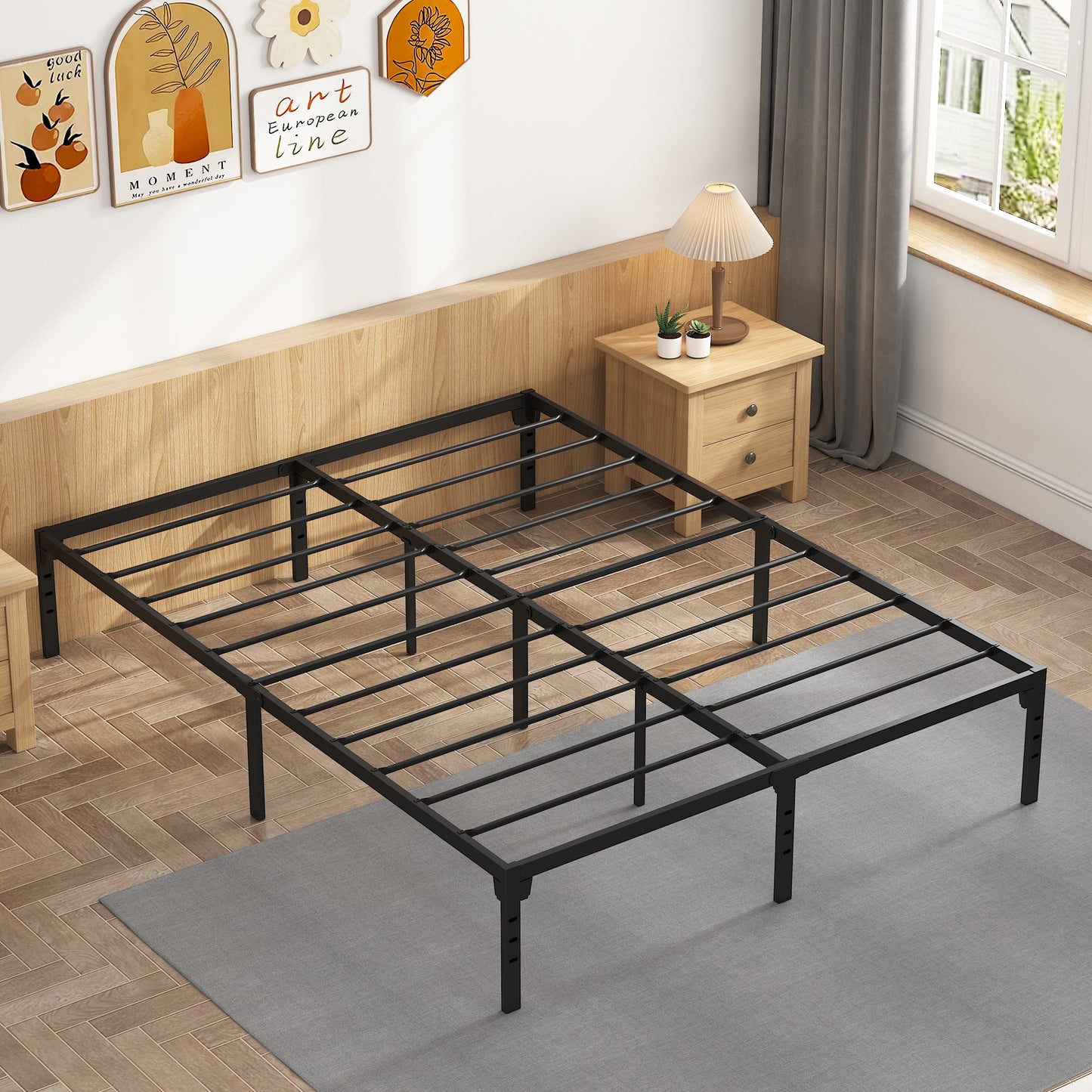 Queen Size Metal Platform Bed, PAPROOS Heavy Duty Queen Size Metal Bed Frame 13in Under-Bed Storage Space, Metal Queen Bed Frame 660lbs Weight Capacity, No Box Spring Needed, Black