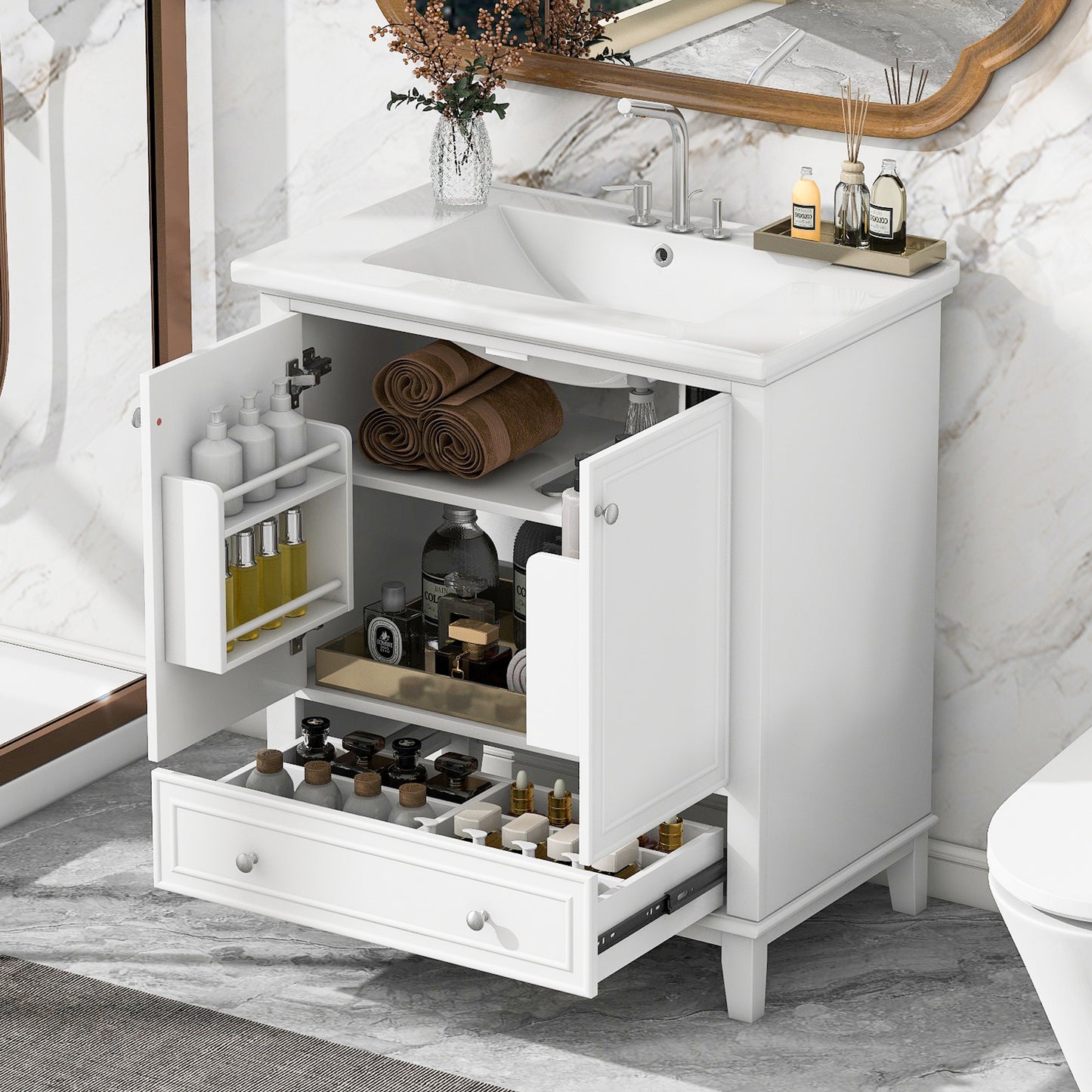 PAPROOS 30" Bathroom Vanity with Sink Combo, Wood White Bathroom Storage Cabinet with Doors and Drawer, Freestanding Bathroom Vanity Cabinet with Solid Frame and Adjustable Shelf