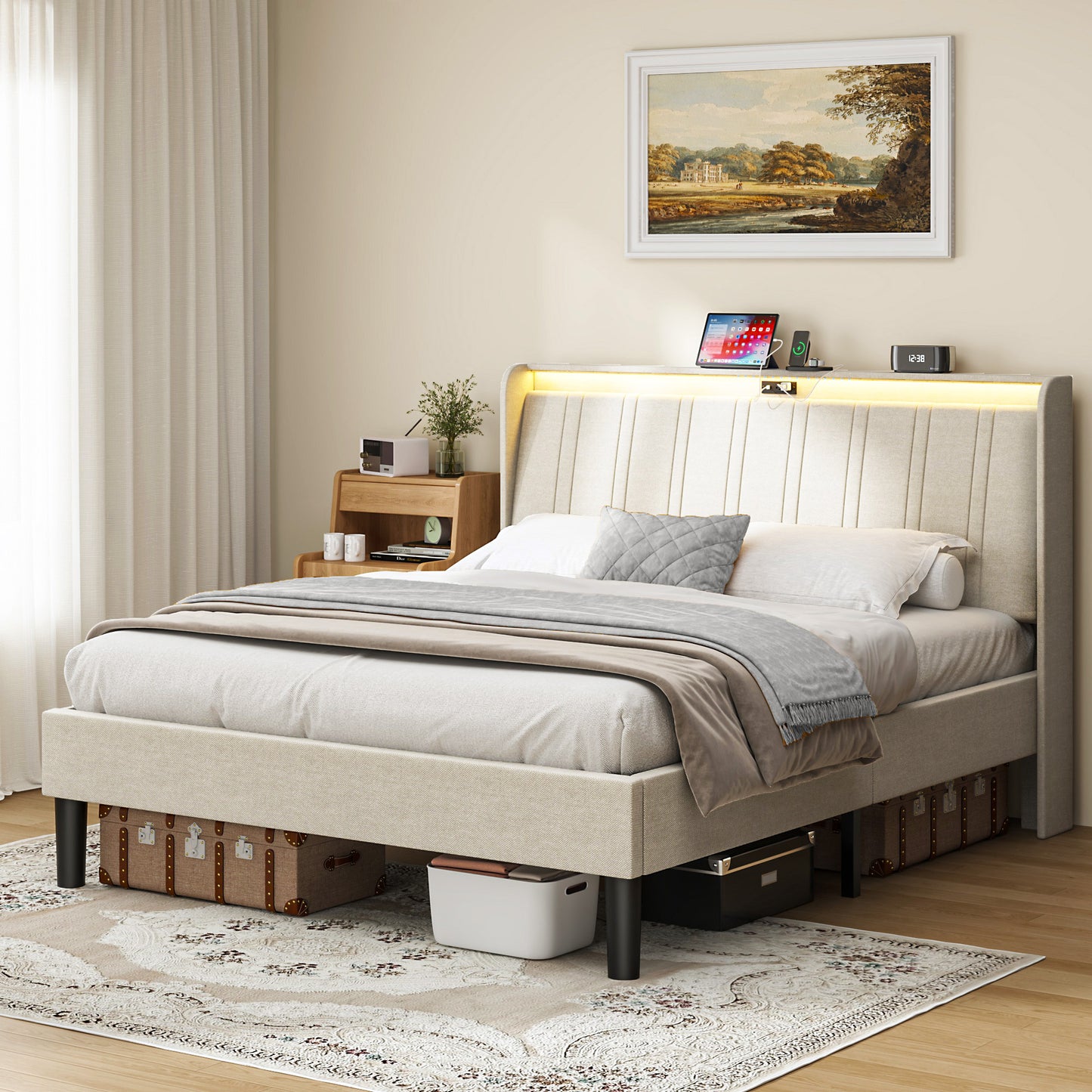 PAPROOS Twin Platform Bed Frame, Upholstered Twin Size Bed Fame with Headboard, Charging Station and LED Lights, Modern Velvet Platform Bed with Wood Slats, No Box Spring Needed, Beige