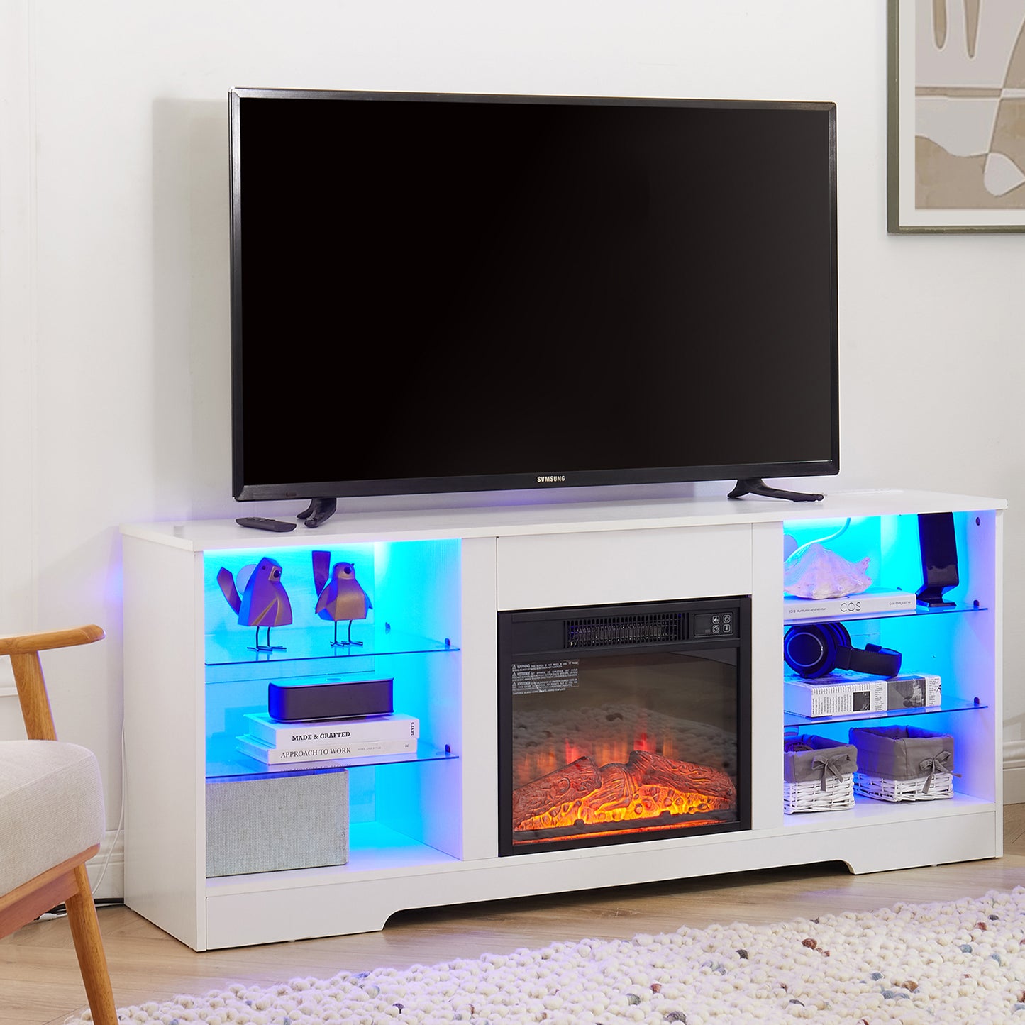 PAPROOS TV Stand With Fireplace for 60" TV, Modern TV Cabinet Entertainment Center with LED Light and 18" Fireplace, Wood TV Console with Glass Shelves, Charging Station, 2-IN-1 Design, White