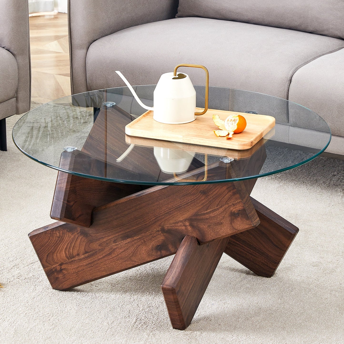 Tempered Glass Coffee Table, Round Cocktail Table with 4 Cross Wooden Legs for Home Office Living Room, Easy to Clean